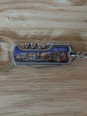 Roma Stainless Steel Bottle Opener Keychain with Corkscrew